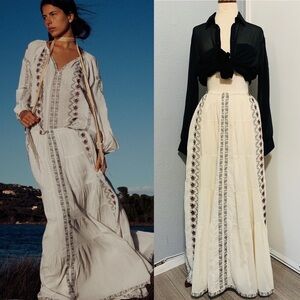 Zara Bohemian Summer Beach‎ Ecru Long Embroidered Skirt Size XS-S 100% Cotton